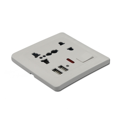 5 pin MF switched socket with neon+2USB PC material white/golden color plate socket