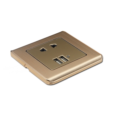 2 pin socket +2USB pc material white/golden color plate socket