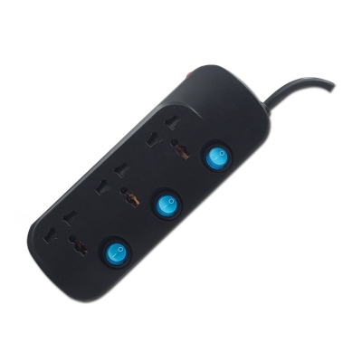 3 way multi socket black color with individual switch and neon