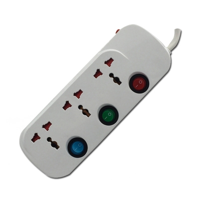 3 way multi socket white color with individual switch and neon